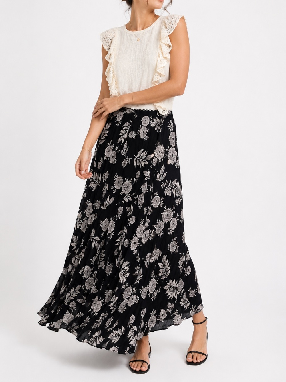 Y2K Lola P. Floral Flowy 100% Rayon Maxi Skirt size XL